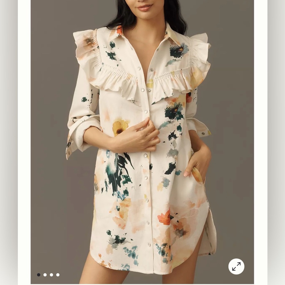 NWOT Anthropologie Pilcro Long Sleeve Ruffled Denim Shirt Dress Size MP